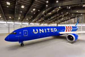 United Airlines' special livery on its Boeing 787-10 for its 250th anniversary showcases a striking red, white, and blue design.