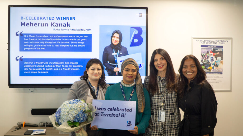 LGA Terminal B Honors First B-Celebrated Recipients New York Airport Meherun Kanak (2nd from left) with ABM/Ethos Farm team and LaGuardia Gateway Partners’ CEO Suzette Noble
