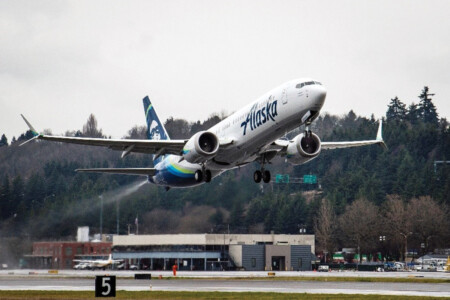 An Alaska 737-9 departs Boeing Field.