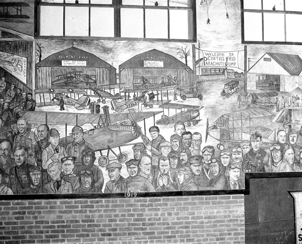 Aline Rhonie mural 1919 Section Interior Hangar F Roosevelt Field c.1938 Metropolitan Airport News
