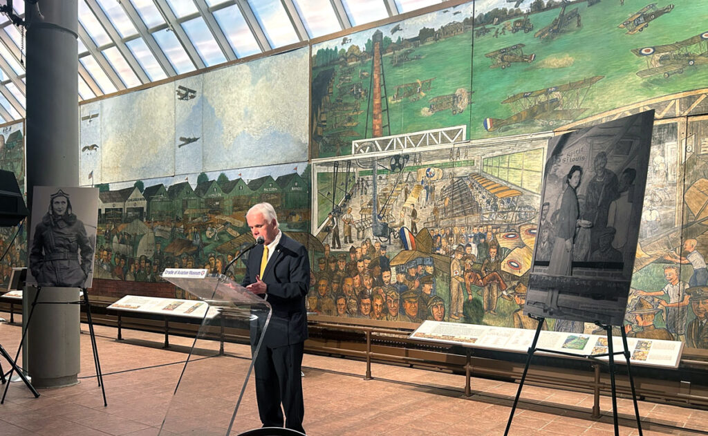 Andrew Parton President Cradle of Aviation Museum at opening of Aline Rhonie Mural 2026 Metropolitan Airport News