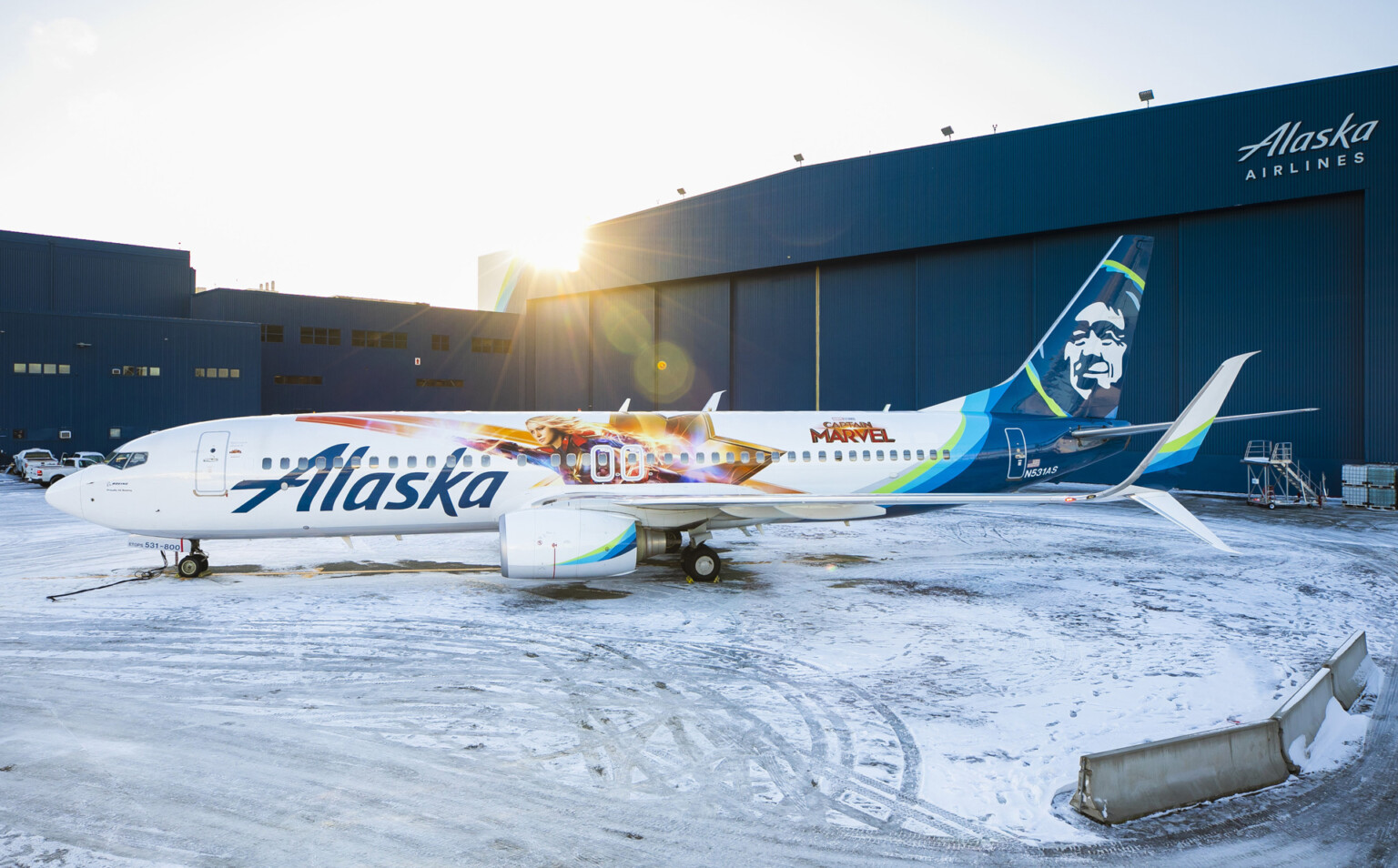 Marvel Studios’ First Female-lead Super Hero Captain Marvel Takes to the Skies Captain Marvel Alaska Airlines Metropolitan Airport News