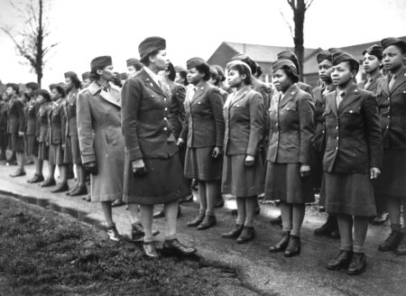 Major Charity Adams & Capt. Mary Kearney inspect the first contingent of the 6888th to arrive in England in February 1945. (National Archives)