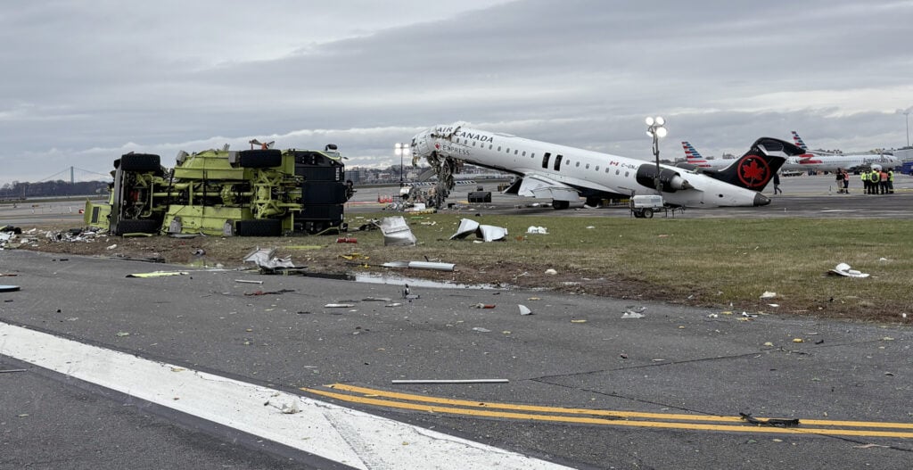 The aftermath of Jazz Aviation (operating as Air Canada Express) Flight 8646 following its runway collision with an airport fire truck. 