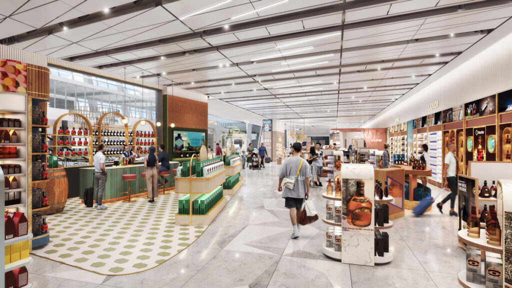 URW Selects Duty Free Americas As Duty Free operator for JFK’s New Terminal One New York Airport Rendering of the wine, spirits, and tasting bar.