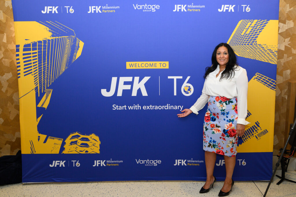 Karen Ali, COO, JFK Millennium Partners Presents the new JFK T6 brand identity at an event at JFK Airport.