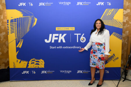 Karen Ali, COO, JFK Millennium Partners Presents the new JFK T6 brand identity at an event at JFK Airport.