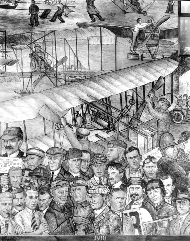Detailed close up of 1910 section of Rhonie Mural c.1936 Metropolitan Airport News