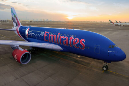 The Emirates-NBA A380 livery, A6-EOD, was a full repaint project executed in-house by Emirates’ teams over 19 days