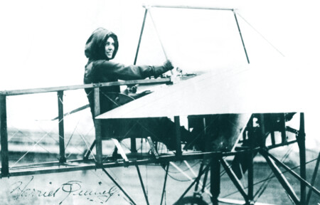 Harriet Quimby, in Moisant monoplane, Moisant Aviation School, Mineola L.I. 1911.