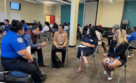 HR reps from partner companies, led by World Wide Flight Services and ASAK Solutions, provided feedback to nearly 50 veterans in a workshop on May 22 at Vaughn College as Edge4Vets introduced its workshop series to prepare and connect veterans for cargo and security jobs at NY airports. 