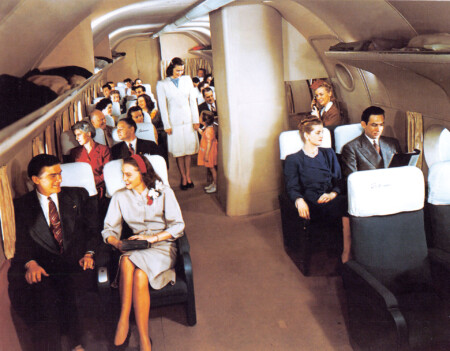 Interior passenger compartment of a Boeing Stratocruiser c.1951