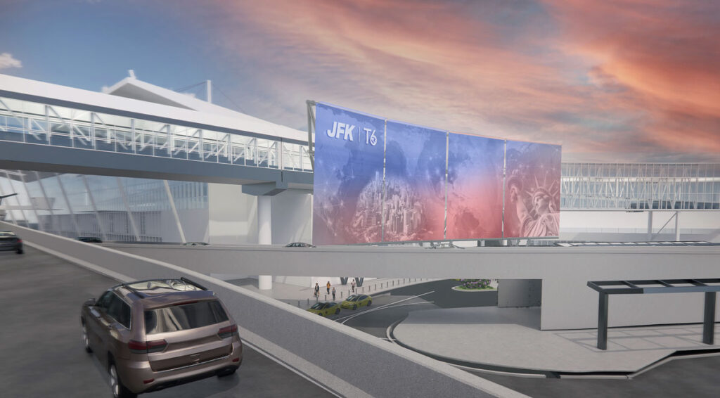 JMP Announce Latest Milestone in the Transformation of JFK Airport with Substantial Enclosure of New JFK Terminal 6 New York Airport Rendering of the new JFK Terminal 6 departures roadway artwork.