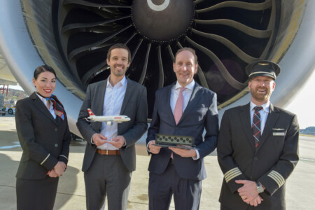 SWISS and Climeworks Set a Shared Course for a More Sustainable Future Jan Wurzbacher, co-founder and co-CEO of Climeworks, and SWISS CEO Dieter Vranckx, flanked by a SWISS crew at Zurich Airport in February 2024.