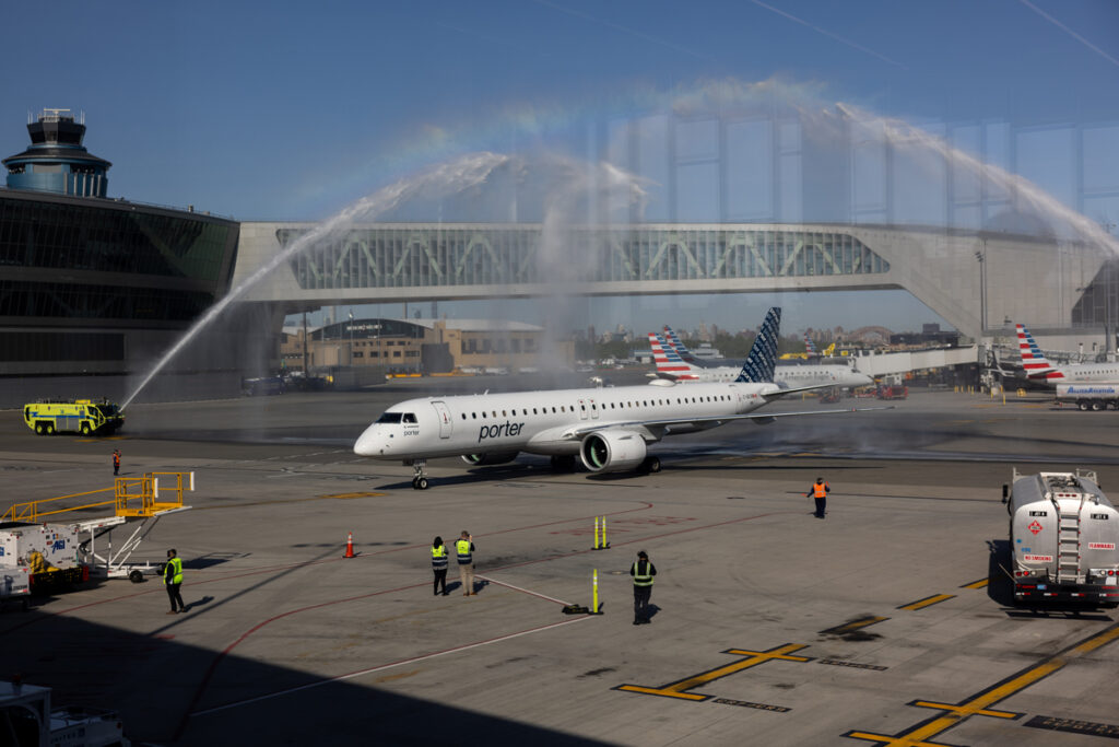 LaGuardia Terminal B celebrates Porter Airlines with a water cannon salute