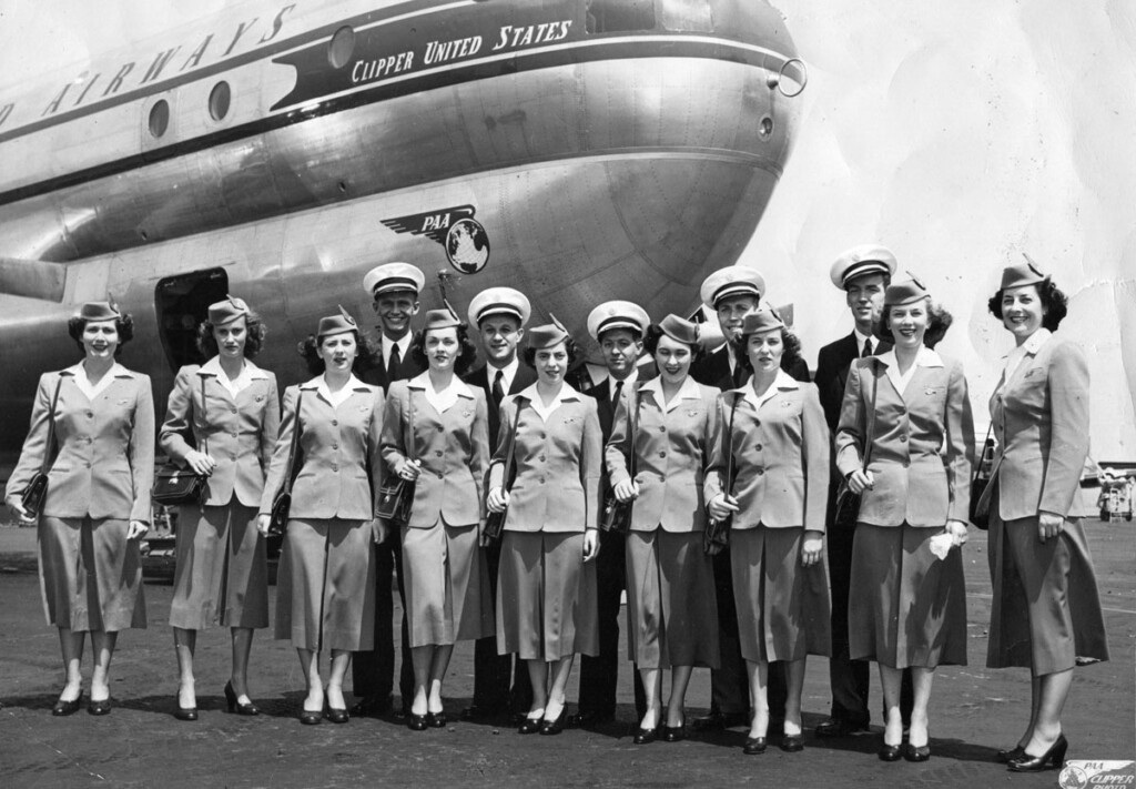 On the Runway - Flying In Fashion New York Airport Pan American Airways Flight Crew at LaGuardia Airport c. 1949