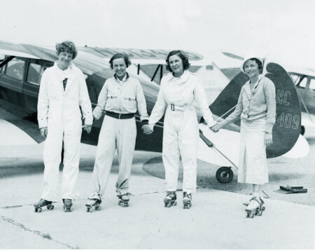 The Song of the Ninety-Nines Ninety-Nines roller skating party, 6-16-1933 Roosevelt Field (L-R) Amelia Earhart, Novetah Holmes, Frances Marsalis, Betty H. Gillies.