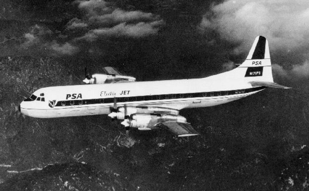 Pacific Southwest Airlines: Smiling Success in California New York Airport PSA Lockheed Electra turboprop.