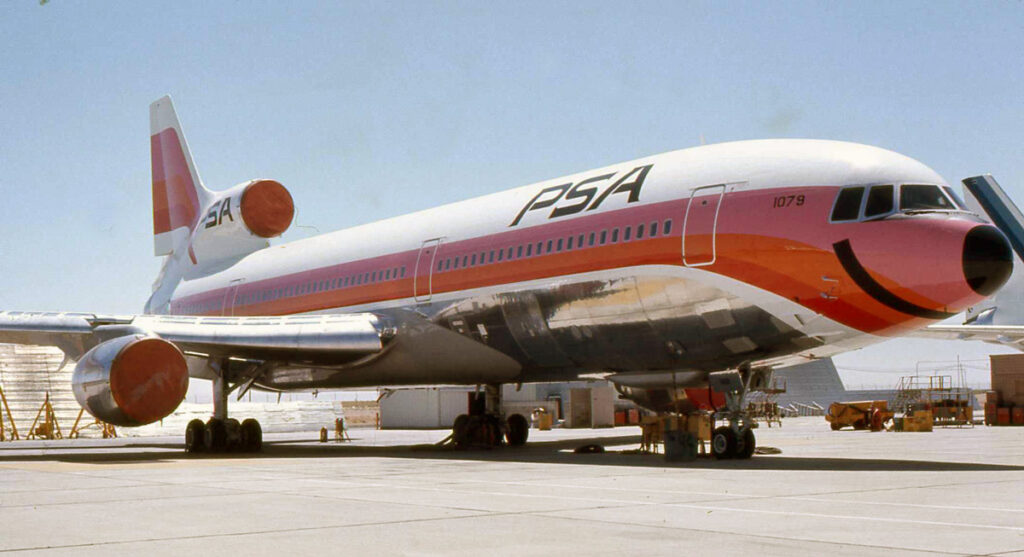 Pacific Southwest Airlines: Smiling Success in California New York Airport Lockheed L-1011 TriStar at Palmdale plant before to be delivered to Pacific Southwest Airlines in 1974.