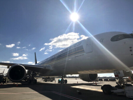The Singapore Airlines A350-900 ULR, moments after arrival
