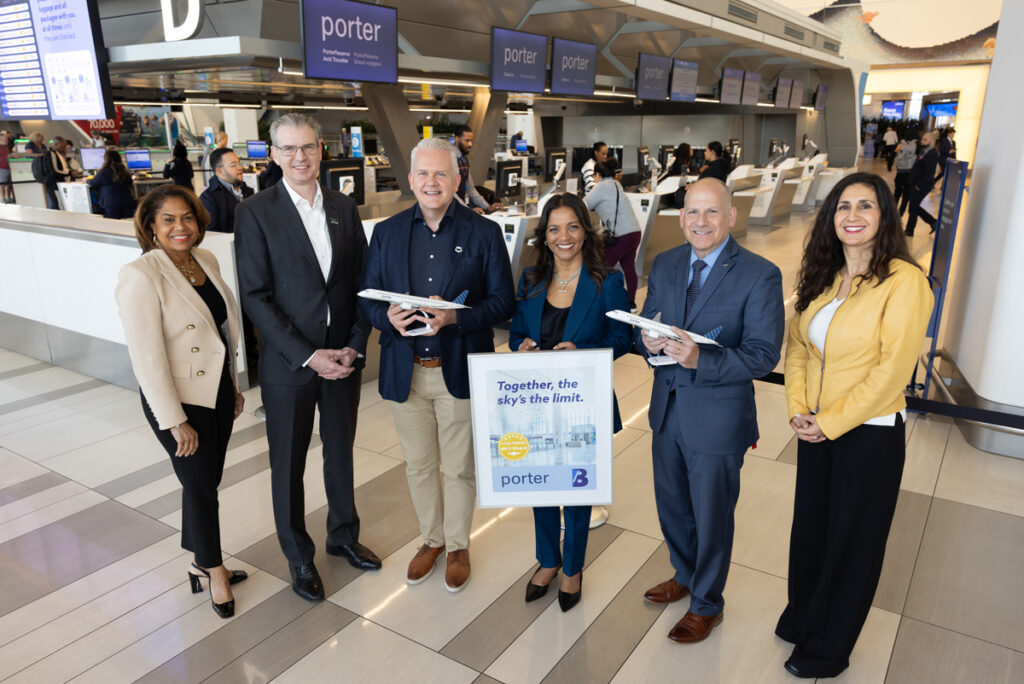 LaGuardia Gateway Partners Welcomes Porter Airlines to LaGuardia Terminal B (L-R:) Julie Coker (NYC Tourism), Stewart Steeves (Vantage Group), Kevin Jackson (Porter Airlines), Suzette Noble (LaGuardia Gateway Partners), Mike Giardino (Port Authority of NY and NJ), Nancy Mammano (NYC Tourism)