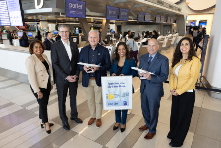 (L-R:) Julie Coker (NYC Tourism), Stewart Steeves (Vantage Group), Kevin Jackson (Porter Airlines), Suzette Noble (LaGuardia Gateway Partners), Mike Giardino (Port Authority of NY and NJ), Nancy Mammano (NYC Tourism)