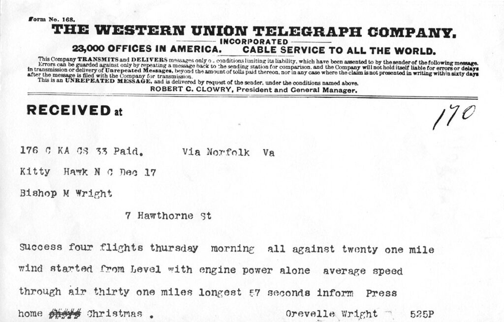 Telegraph from Wright Brothers after successful 1st flights, 12-17-1903