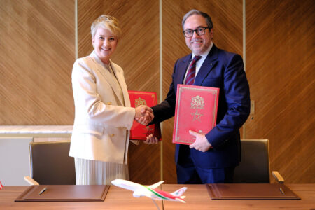 Jennifer Aument, CEO of The New Terminal One at JFK and Hamid Addou, Chairman and CEO of Royal Air Maroc, at a signing ceremony in Casablanca, Morocco.