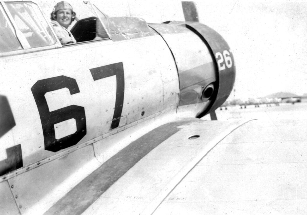 WASP Alice Lovejoy in-cockpit of a North American AT-6.
