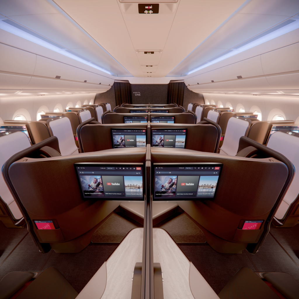 Delta Unveils New Business Class Seats, Spotlights Further Premium Push New York Airport a350 1000 delta one suite d1 cabin facing forward highlighting screens Metropolitan Airport News