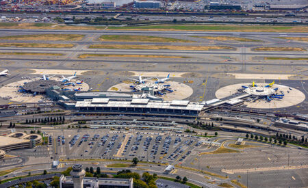 Shown is an aerial view of Terminal B at Newark Liberty International Airport.