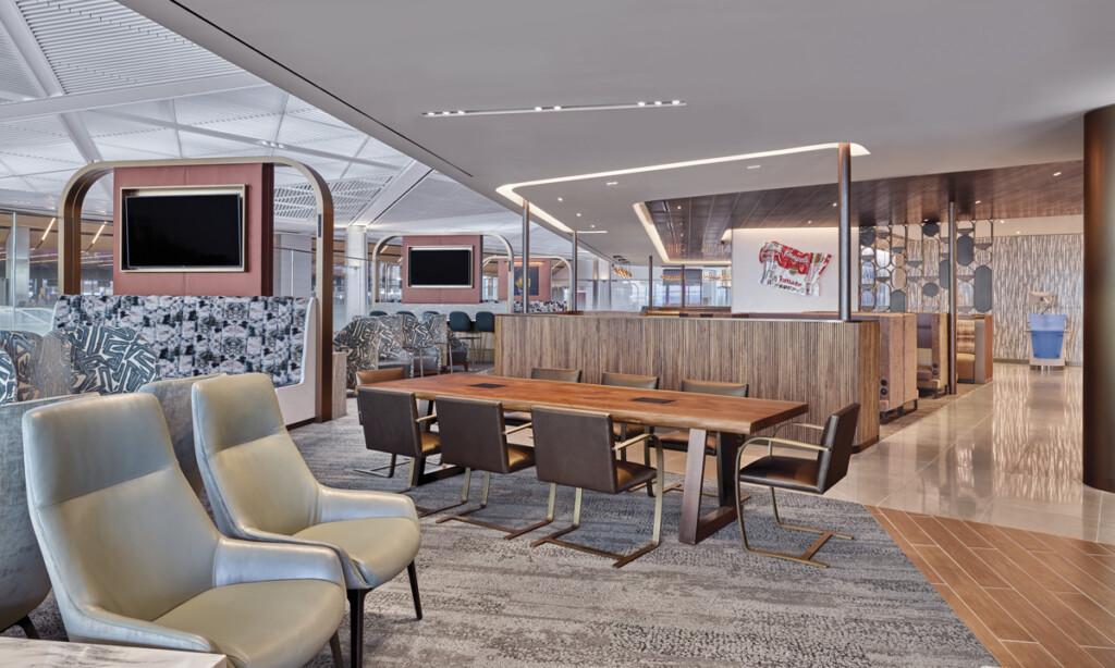 Delta Sky Club’s New Location On Newark’s Terminal A Reflects City’s Industrial Past A uniquely open-air space, the EWR Terminal A Club features several acoustic systems designed to absorb the outside sounds of the airport so guests can enjoy a relaxing setting.