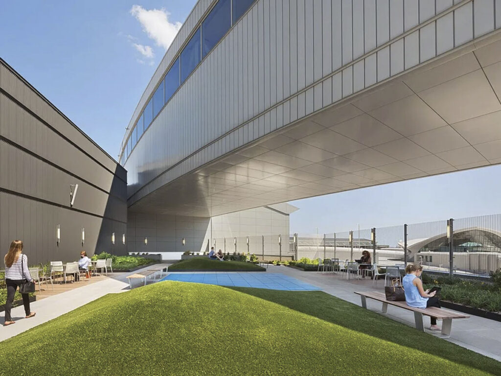 Friendly Skies for All New York Airport JetBlue gives travelers a chance to breathe fresh air at the airport, with a 4,000 square foot outdoor garden patio that’s open to all passengers and their pets.